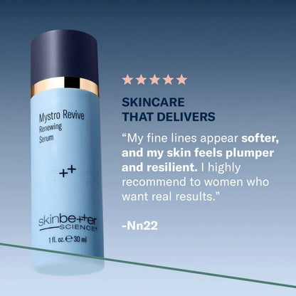 SkinBetter Mystro Revive Renewing Serum with customer review highlighting visible improvements and user satisfaction