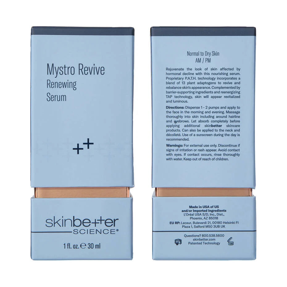 SkinBetter Science Mystro Revive Renewing Serum packaging, anti-aging formula to reduce wrinkles and improve skin texture