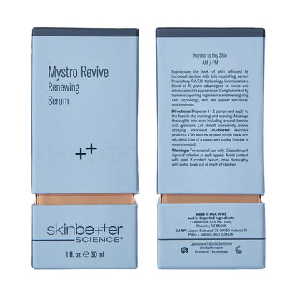 SkinBetter Science Mystro Revive Renewing Serum packaging, anti-aging formula to reduce wrinkles and improve skin texture