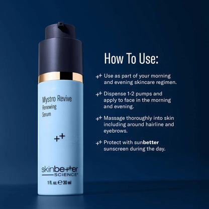 How to use SkinBetter Mystro Revive Renewing Serum showing application steps for morning and evening skincare routine