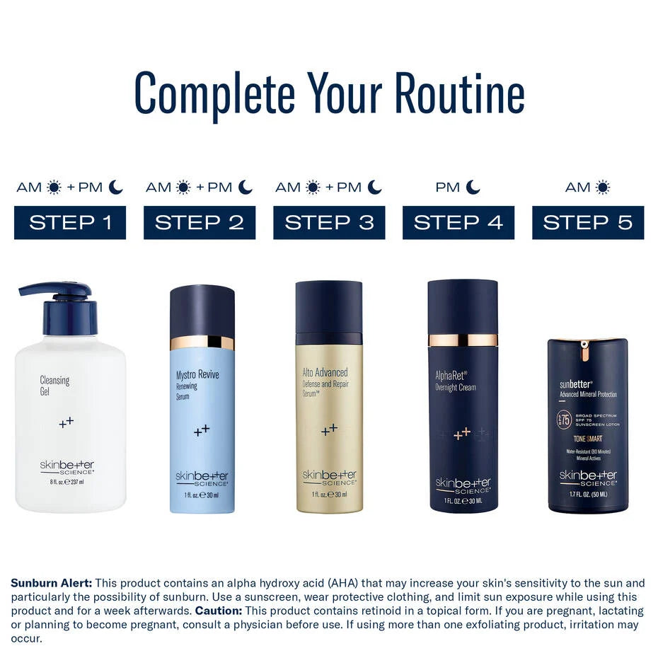 SkinBetter Mystro Revive Renewing Serum skincare routine showing step-by-step AM and PM usage with complementary products
