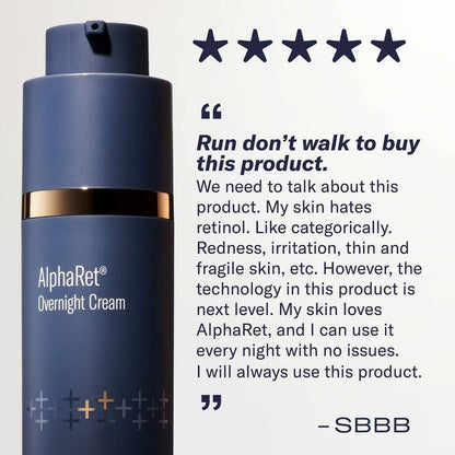 AlphaRet Overnight Cream review testimonial for retinol cream showing results on sensitive skin with reduced irritation