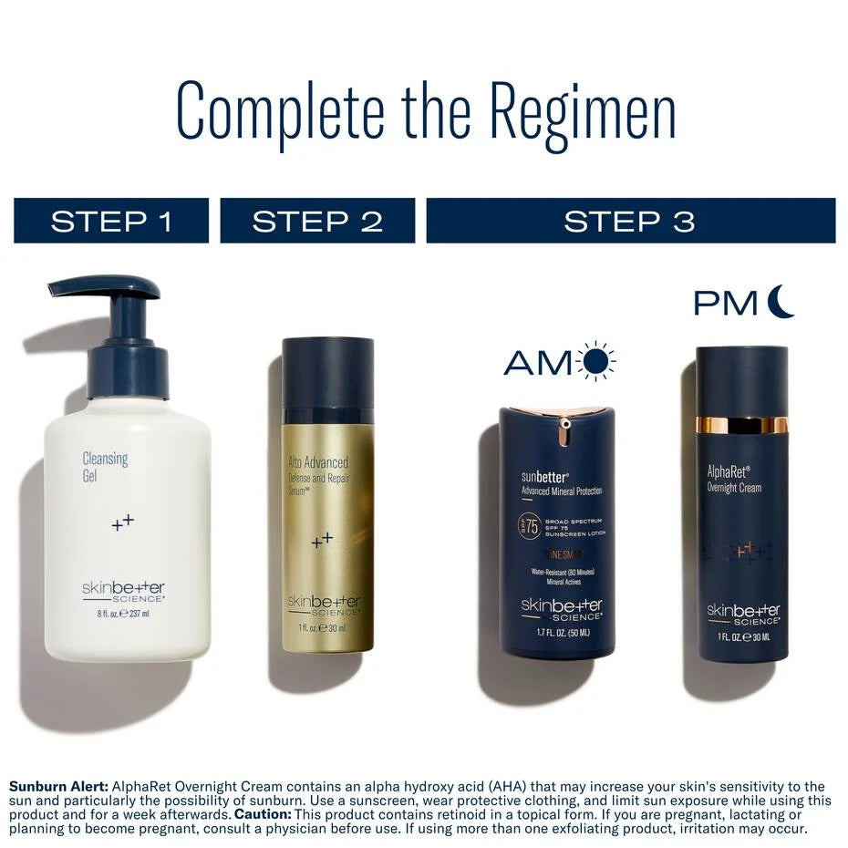 Skinbetter skincare routine with Alto serum Alpharet overnight cream and Sunbetter SPF for complete daily regimen