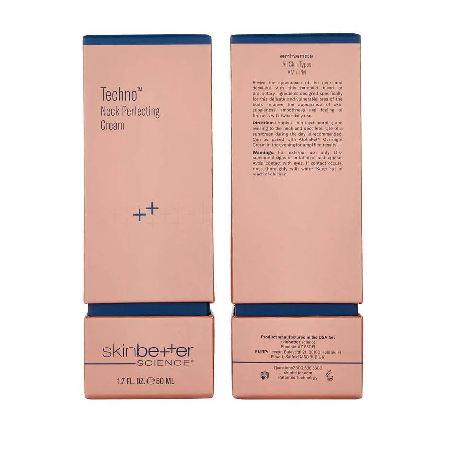 SkinBetter Techno Neck Perfecting Cream packaging box showing product details and design for neck skincare use