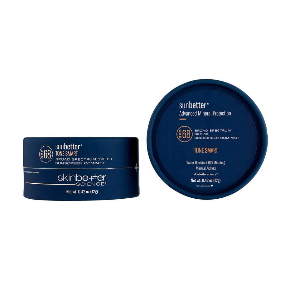 SkinBetter Science Tone Smart SPF 68 sunscreen compact showing front and top view with product label and packaging design