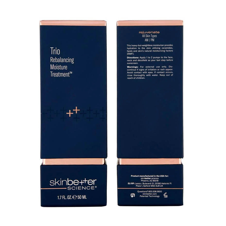 SkinBetter Science Trio Rebalancing Moisture Treatment packaging box with front and back guidance and product instructions