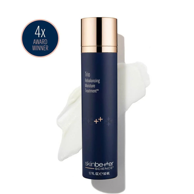 SkinBetter Science Trio Rebalancing Moisture Treatment with cream texture and award badge for hydration and barrier repair