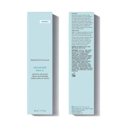Detailed label for SkinCeuticals Advanced RGN-6 with directions for daily and post-procedure use and anti-aging benefits.