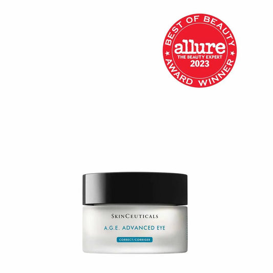 SkinCeuticals A.G.E. Advanced Eye anti-aging eye cream jar with Allure Best of Beauty 2023 award badge.