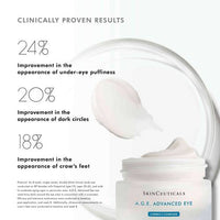 Clinically Proven Results of SkinCeuticals A.G.E. Advanced Eye Cream with 24% Improvement in Under-Eye Puffiness, 20% in Dark Circles, 18% in Crow's Feet