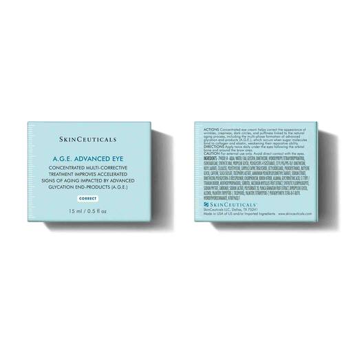 SkinCeuticals A.G.E. Advanced Eye Cream Packaging Front and Back with Product Details and Ingredients