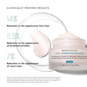 SkinCeuticals A.G.E. Interrupter Advanced clinical results showing reduced 14% fine lines, 11.5% forehead wrinkles, and 7% crow’s feet.