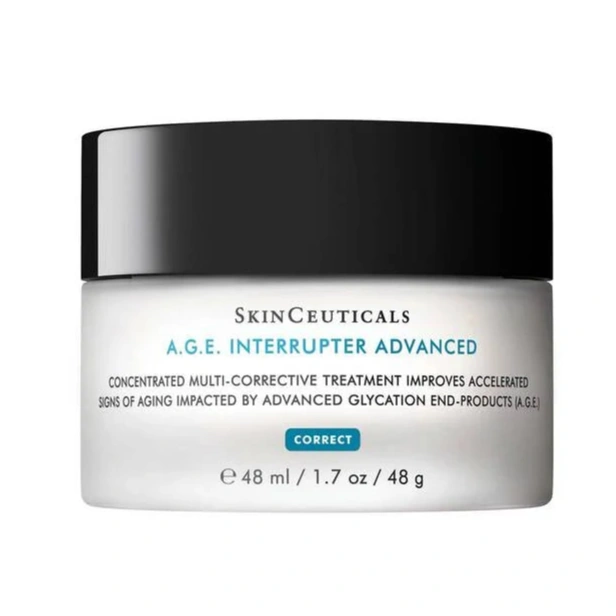 SkinCeuticals A.G.E. Interrupter Advanced cream jar, 1.7 oz, targets glycation-related aging to firm and smooth wrinkles.