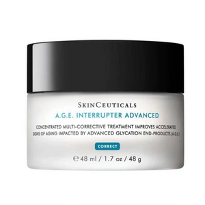 SkinCeuticals A.G.E. Interrupter Advanced cream jar, 1.7 oz, targets glycation-related aging to firm and smooth wrinkles.