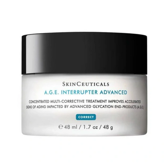 SkinCeuticals A.G.E. Interrupter Advanced cream jar, 1.7 oz, targets glycation-related aging to firm and smooth wrinkles.