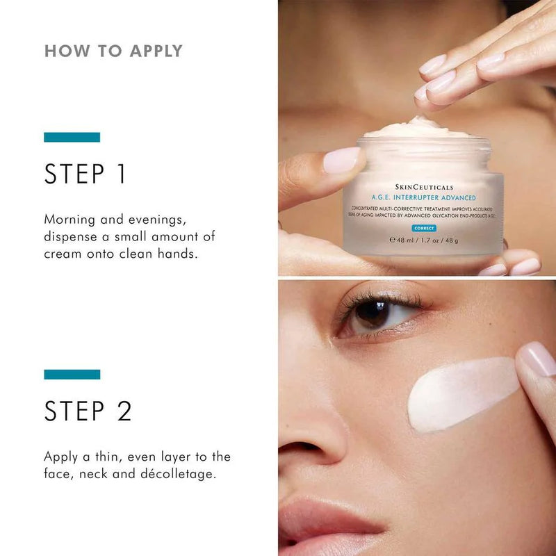 Step-by-step guide to apply SkinCeuticals Age Interrupter Advanced cream for firming and smoother-looking skin.