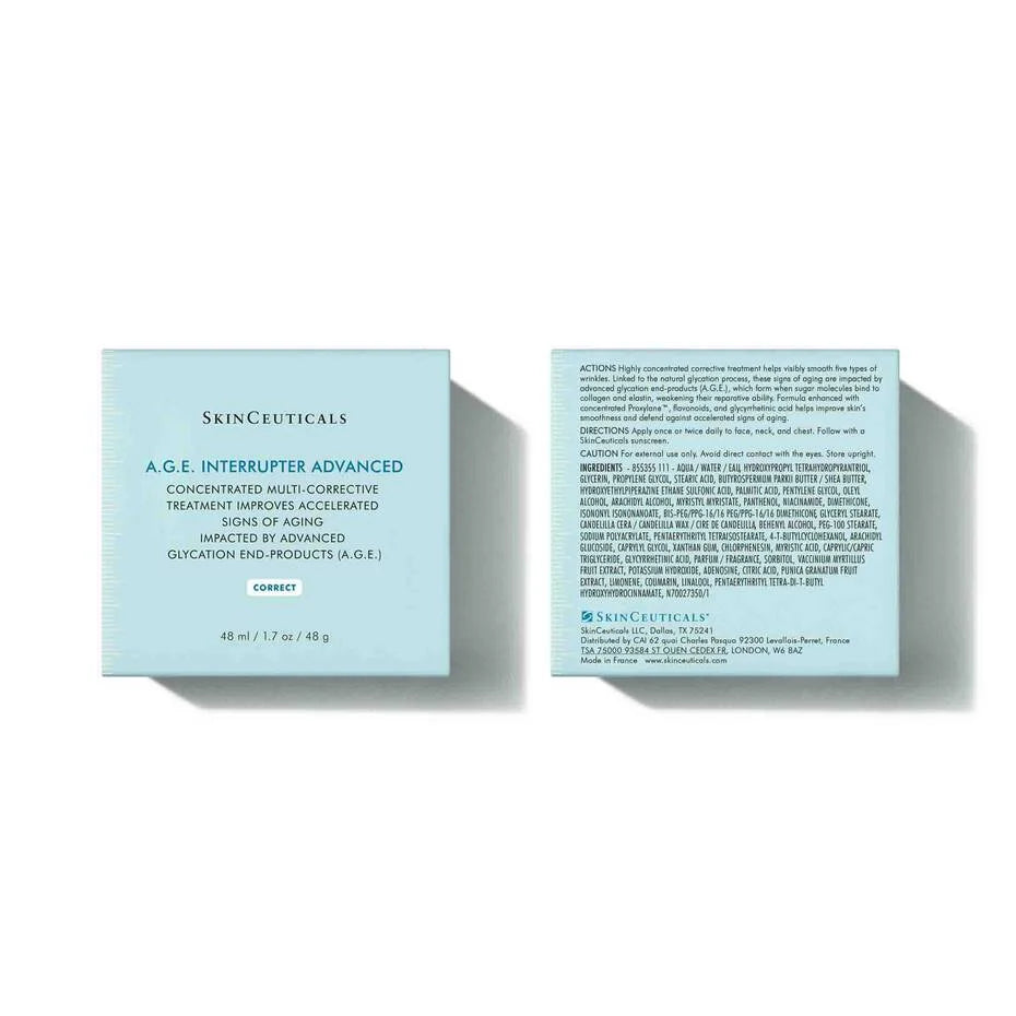 SkinCeuticals A.G.E. Interrupter Advanced 48ml box showing ingredients panel and how to use directions.