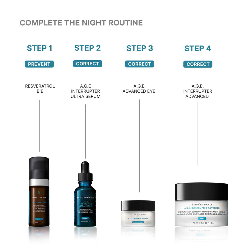 Night skincare routine with SkinCeuticals Resveratrol B E, A.G.E. Interrupter Ultra Serum, A.G.E. Eye, and A.G.E. cream.