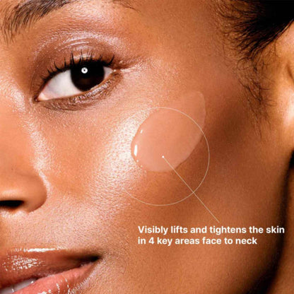 Visual results show SkinCeuticals A.G.E. Interrupter Ultra Serum visibly lifts and tightens 4 key face-to-neck areas.