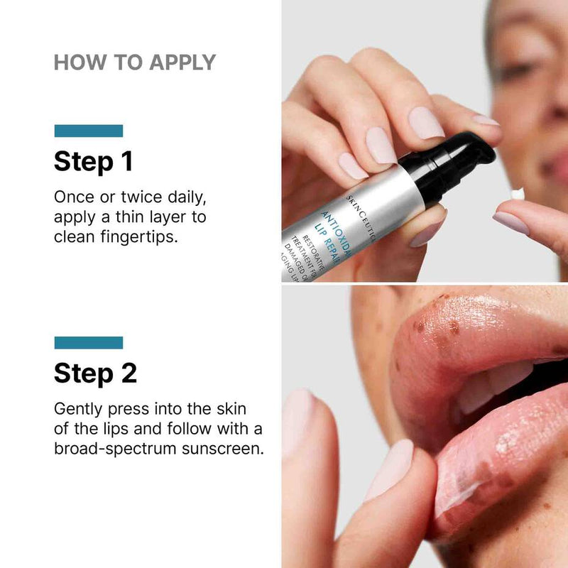 SkinCeuticals Antioxidant Lip Repair application graphic showing two step lip treatment for smooth hydrated lips