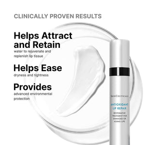 SkinCeuticals Antioxidant Lip Repair results graphic showing moisture retention, lip relief, and environmental defense