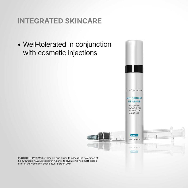 SkinCeuticals Antioxidant Lip Repair injection pairing graphic with syringe beside restorative lip treatment