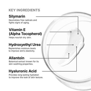 SkinCeuticals Antioxidant Lip Repair ingredient graphic with silymarin, vitamin E, urea, allantoin, hyaluronic acid complex.