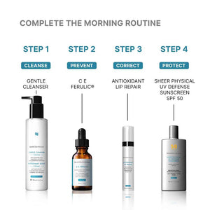 SkinCeuticals Antioxidant Lip Repair morning regimen graphic with cleanser, C E Ferulic and sunscreen for lip treatment plan
