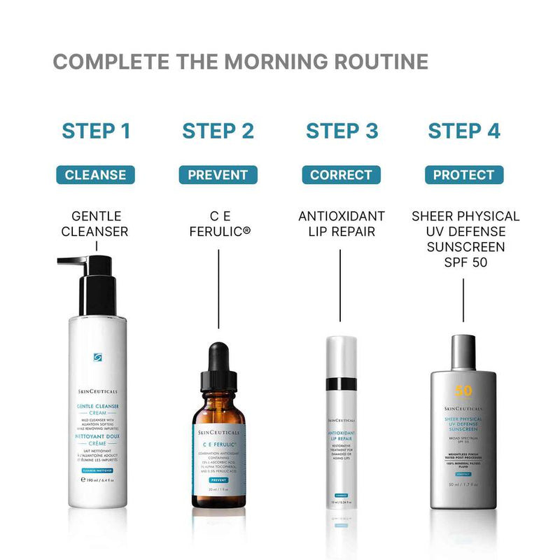 SkinCeuticals Antioxidant Lip Repair morning regimen graphic with cleanser, C E Ferulic and sunscreen for lip treatment plan