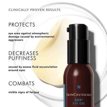 Clinically proven SkinCeuticals AOX+ Eye Gel benefits: protects eye area, reduces puffiness, and fights fatigue