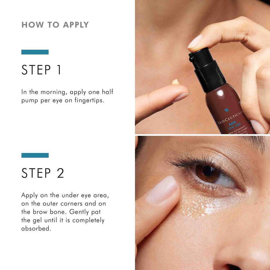 SkinCeuticals AOX+ Eye Gel step-by-step: use half pump per eye and gently pat under-eye, corners, and brow bone