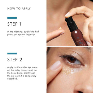 SkinCeuticals AOX+ Eye Gel step-by-step: use half pump per eye and gently pat under-eye, corners, and brow bone