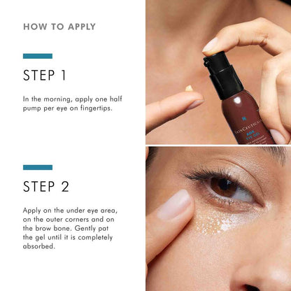 SkinCeuticals AOX+ Eye Gel step-by-step: use half pump per eye and gently pat under-eye, corners, and brow bone