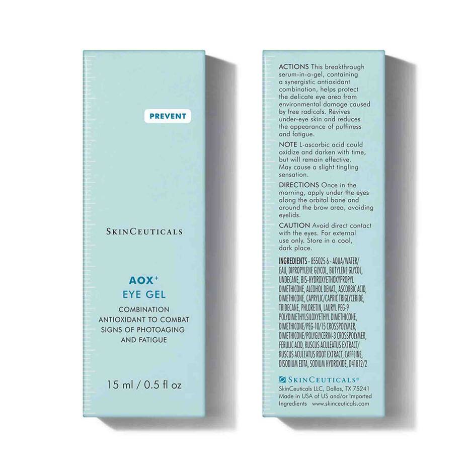 SkinCeuticals AOX+ Eye Gel bottle, a combination antioxidant gel to combat signs of photoaging and fatigue around the eyes.