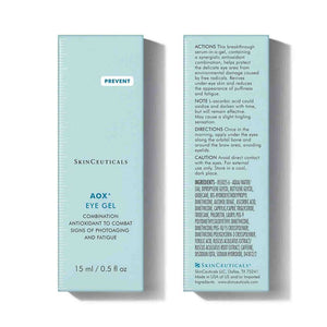 SkinCeuticals AOX+ Eye Gel bottle, a combination antioxidant gel to combat signs of photoaging and fatigue around the eyes.