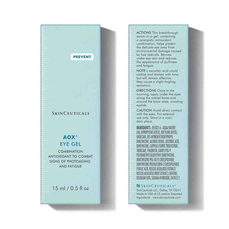 SkinCeuticals AOX+ Eye Gel bottle, a combination antioxidant gel to combat signs of photoaging and fatigue around the eyes.