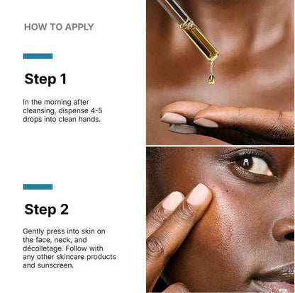 Morning application steps for Skinceuticals C E Ferulic serum: dispense 4-5 drops and press into face, neck, and décolletage