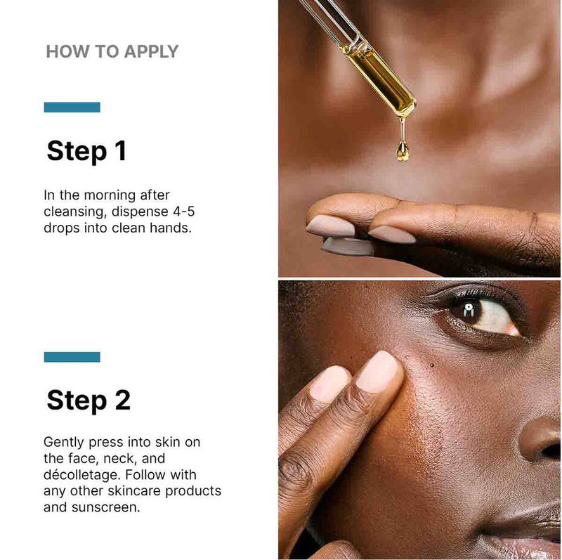 Morning application steps for Skinceuticals C E Ferulic serum: dispense 4-5 drops and press into face, neck, and décolletage