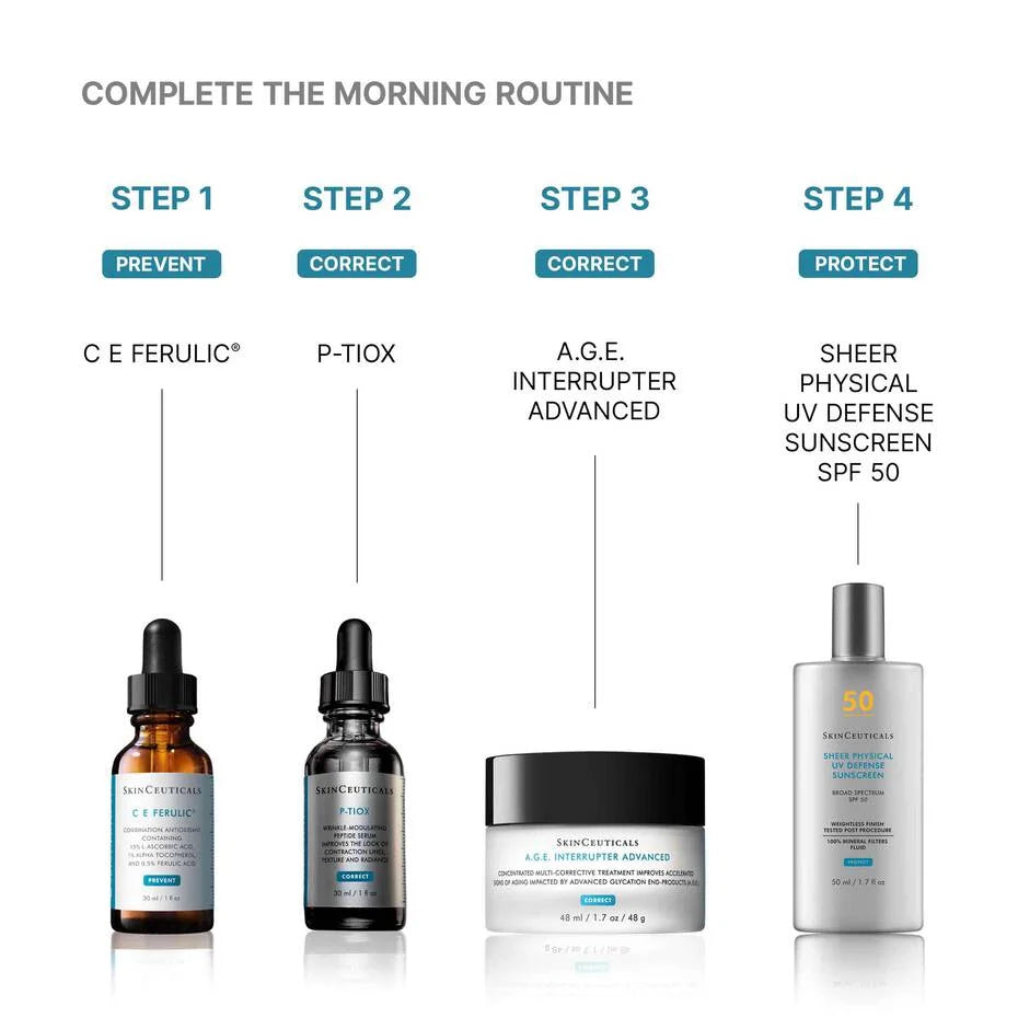 SkinCeuticals morning routine showing P-Tiox corrective step after C E Ferulic and before moisturizer and sunscreen