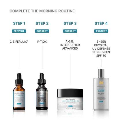 SkinCeuticals morning routine showing P-Tiox corrective step after C E Ferulic and before moisturizer and sunscreen