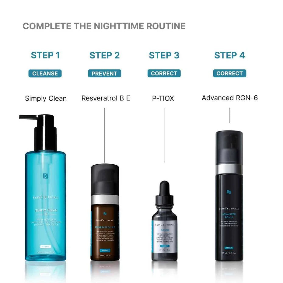 Complete SkinCeuticals nighttime routine with Simply Clean, Resveratrol B E, P-TIOX, and Advanced RGN-6.