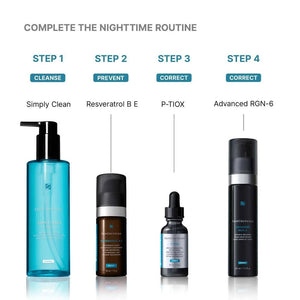 Complete SkinCeuticals nighttime routine with Simply Clean, Resveratrol B E, P-TIOX, and Advanced RGN-6.