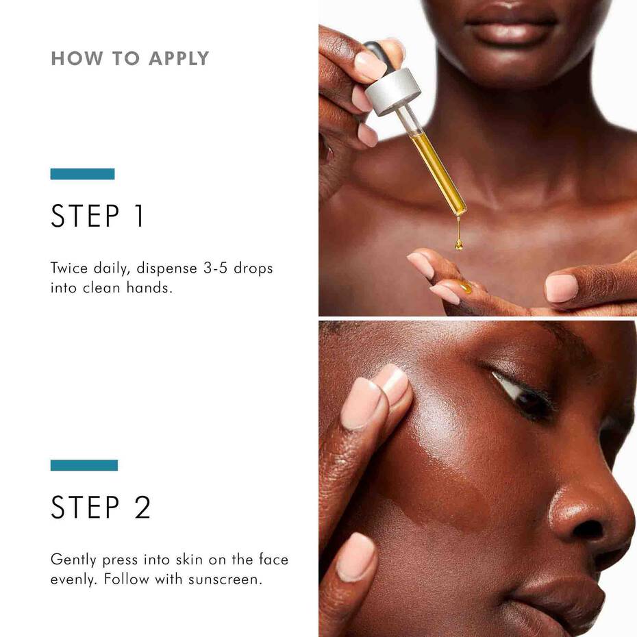 How to apply SkinCeuticals Discoloration Defense: use 3–5 drops twice daily, press into face, then sunscreen.