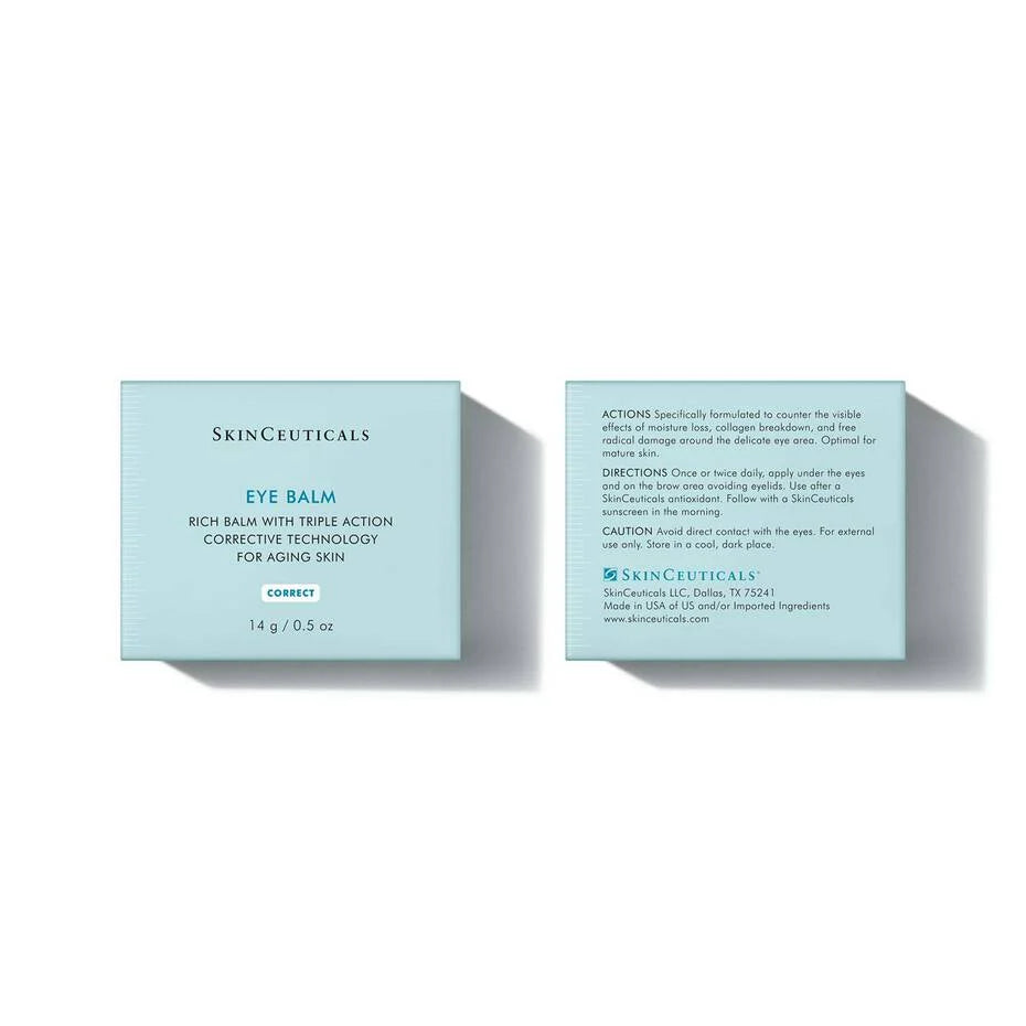 SkinCeuticals Eye Balm key ingredients and directions label showing caffeine, soy isoflavones, vitamin E and how to apply.