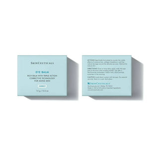 SkinCeuticals Eye Balm key ingredients and directions label showing caffeine, soy isoflavones, vitamin E and how to apply.