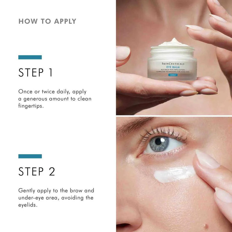 How to apply SkinCeuticals Eye Balm: use once or twice daily, apply to fingertips, then gently smooth under eyes.