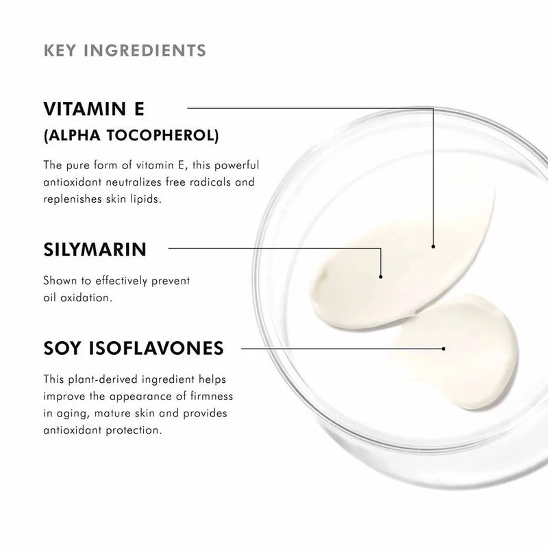 SkinCeuticals Eye Balm key ingredients include vitamin E, silymarin, and soy isoflavones for firming and care.