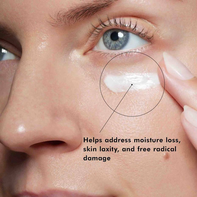 Close-up of SkinCeuticals Eye Balm applied under the eye to help moisture loss, laxity, and free radical damage.