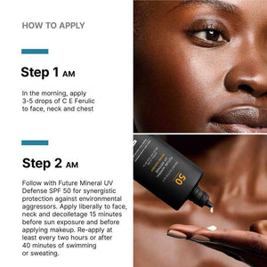 SkinCeuticals Future Mineral UV Defense application guide showing SPF 50 on deeper skin tone with smooth finish for face SPF