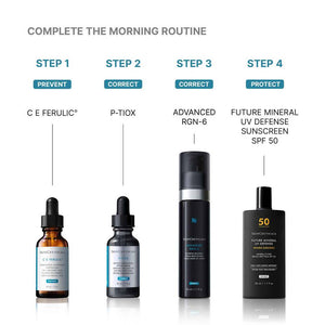SkinCeuticals Future Mineral UV Defense morning routine with C E Ferulic, P-Tiox, Advanced RGN-6, and mineral SPF 50 serums.